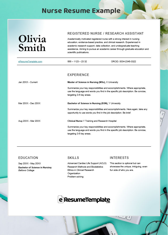 Academic careerโfocused nurse resume example highlighting education, research interests, publications, and academic experience.
