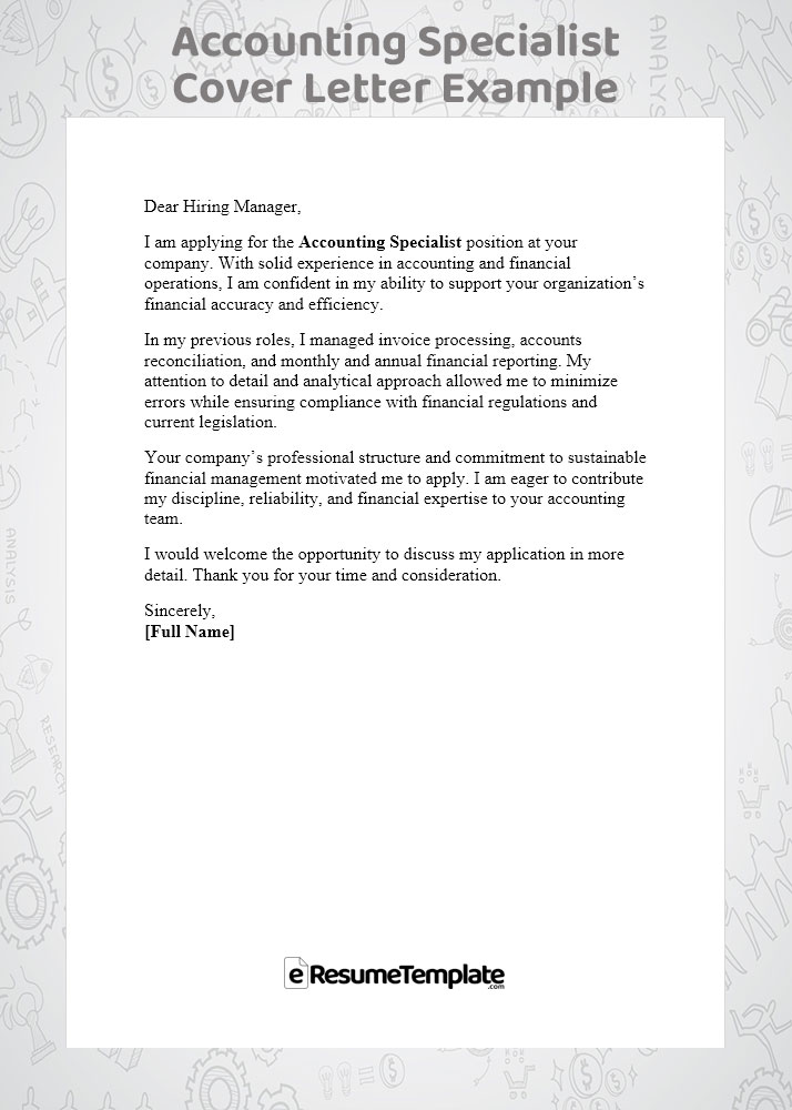 Professional accounting specialist cover letter example featuring a clear structure, ATS-friendly layout, and formal finance job application style.
