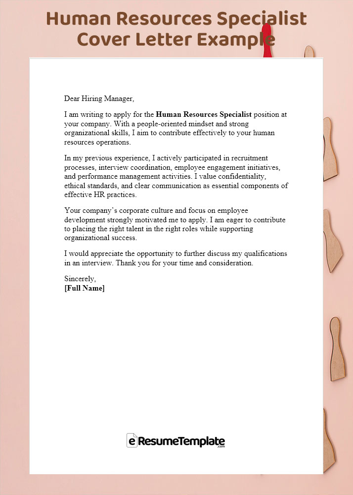 Professional human resources specialist cover letter example highlighting people-focused language, ATS-friendly structure, and a clean corporate application layout.