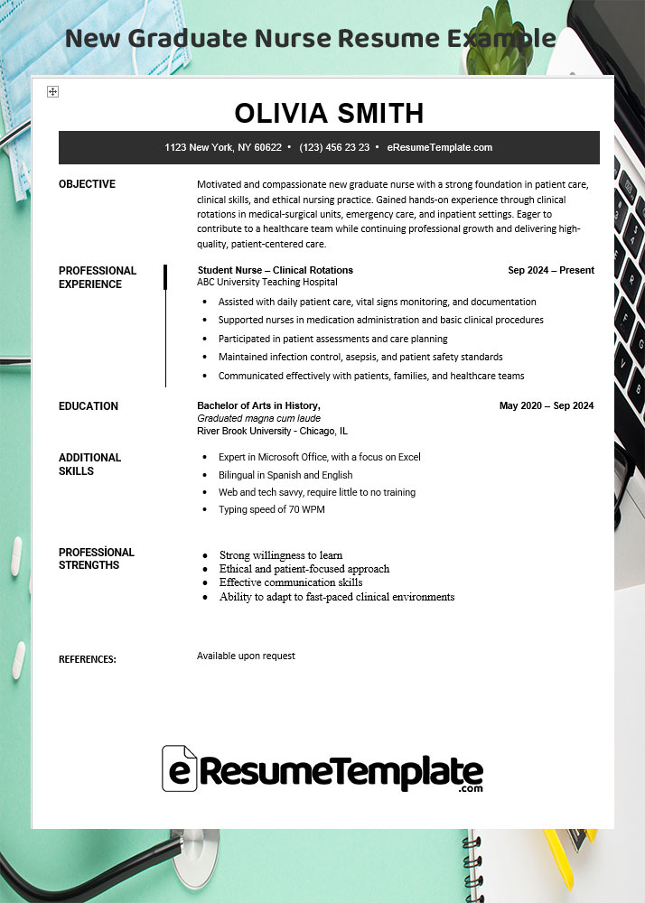 New graduate nurse resume example highlighting education, clinical internships, and entry-level nursing skills
