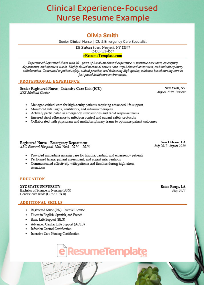 Clinical experience-focused nurse resume example highlighting ICU, emergency department, and inpatient nursing skills for experienced nurses