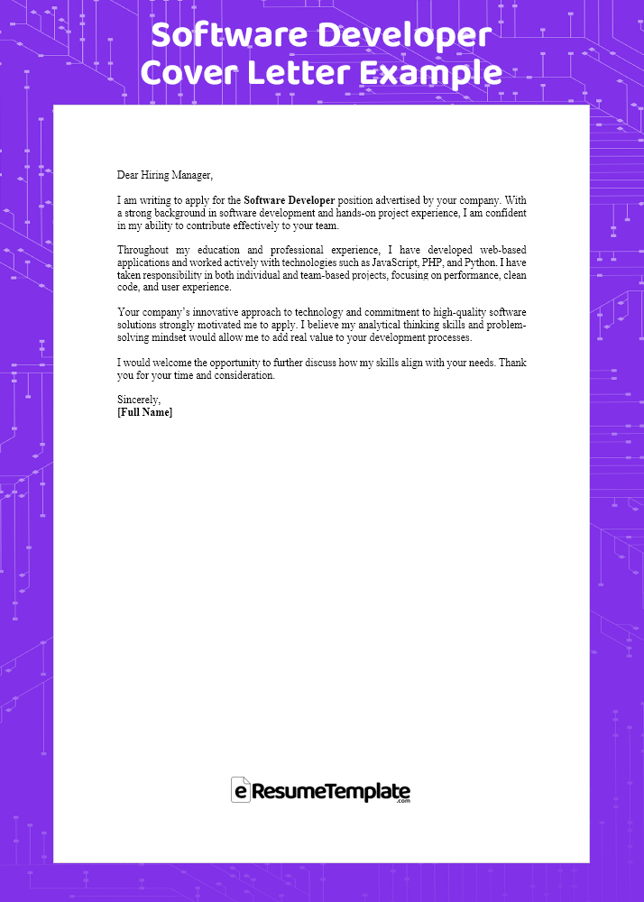 Professional software developer cover letter example showcasing a clean layout, ATS-friendly structure, and modern job application format.
